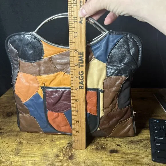 Patchwork Leather Purse Vintage Handmade Hong Kong Silver Tone Eye Arch Handle - Picture 6 of 14